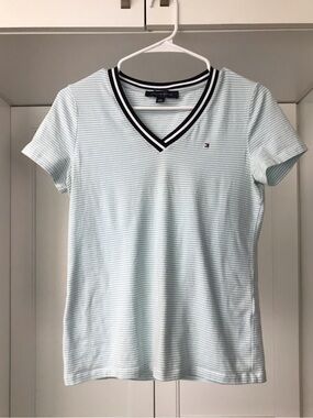 Tommy Hilfiger Light Seafoam Blue & White Striped V-Neck Tee & Navy Trim US XS